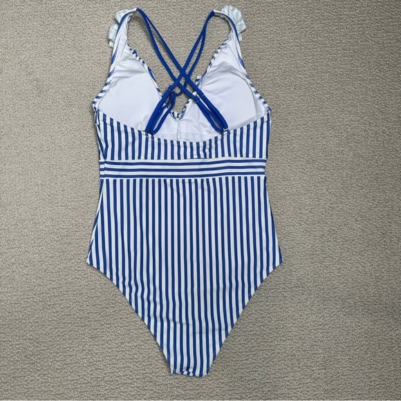 Cupshe Blue and White Striped One Piece Swimsuit with Ruffled V-Neck Size L - Picture 2 of 5